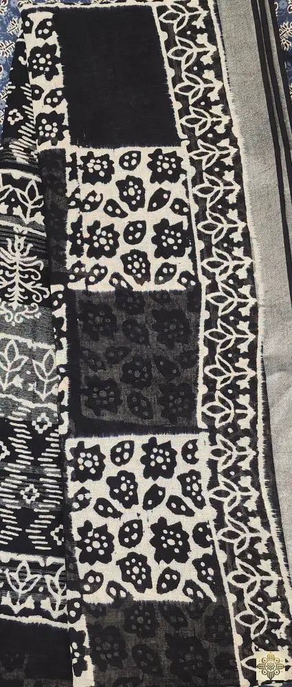 Linen Black Saree with White Block Print Saree