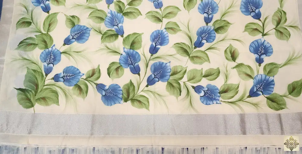 Hand Painted Saree with Blue Floral Design Saree