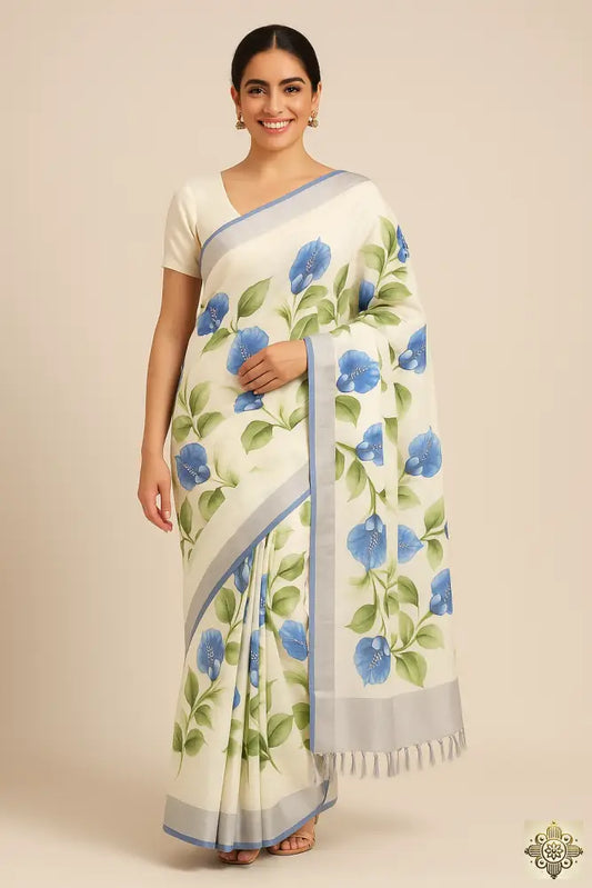 Hand Painted Saree with Blue Floral Design Saree