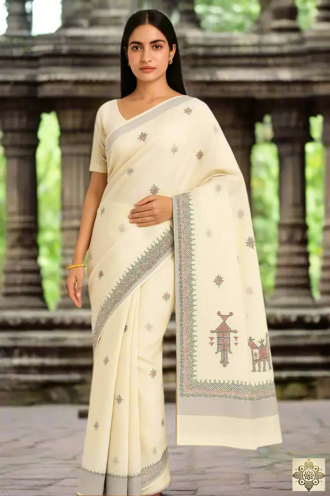 Kasavu Off-White Embroidered Saree Saree