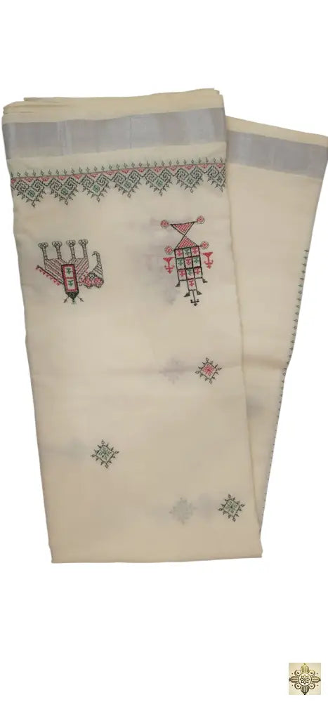 Kasavu Off-White Embroidered Saree Saree