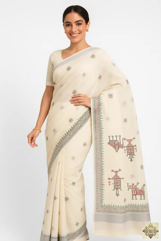 Kasavu Off-White Embroidered Saree Saree