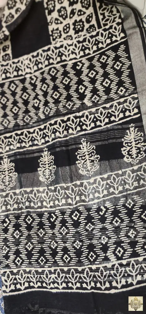 Linen Black Saree with White Block Print Saree