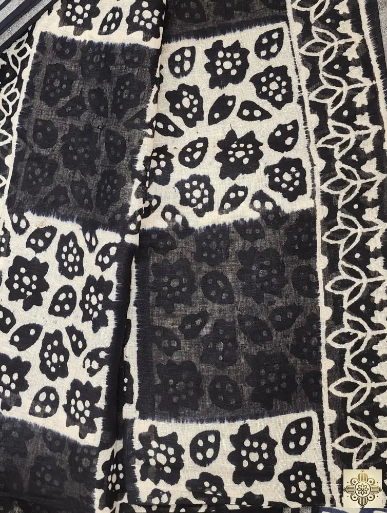 Linen Black Saree with White Block Print Saree