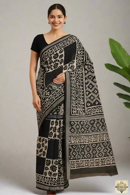 Linen Black Saree with White Block Print Saree