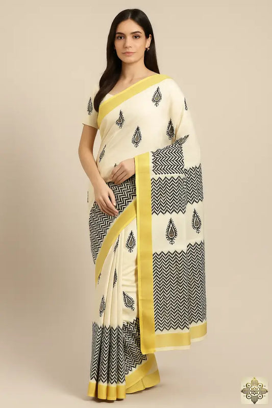 Off-White Natural Dye Cotton With Golden Border Saree