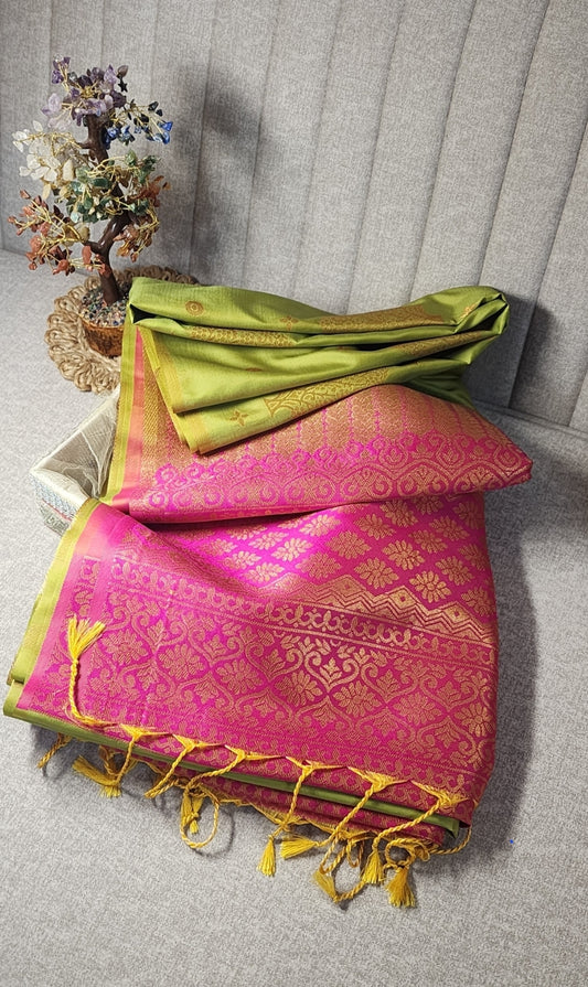 Green and pink semi silk saree