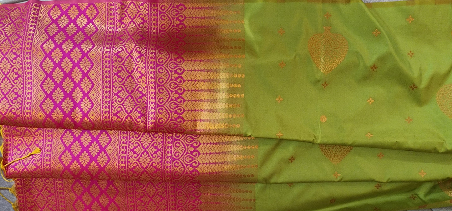Green and pink semi silk saree