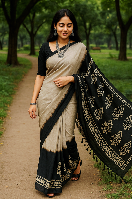 Linen black and white saree