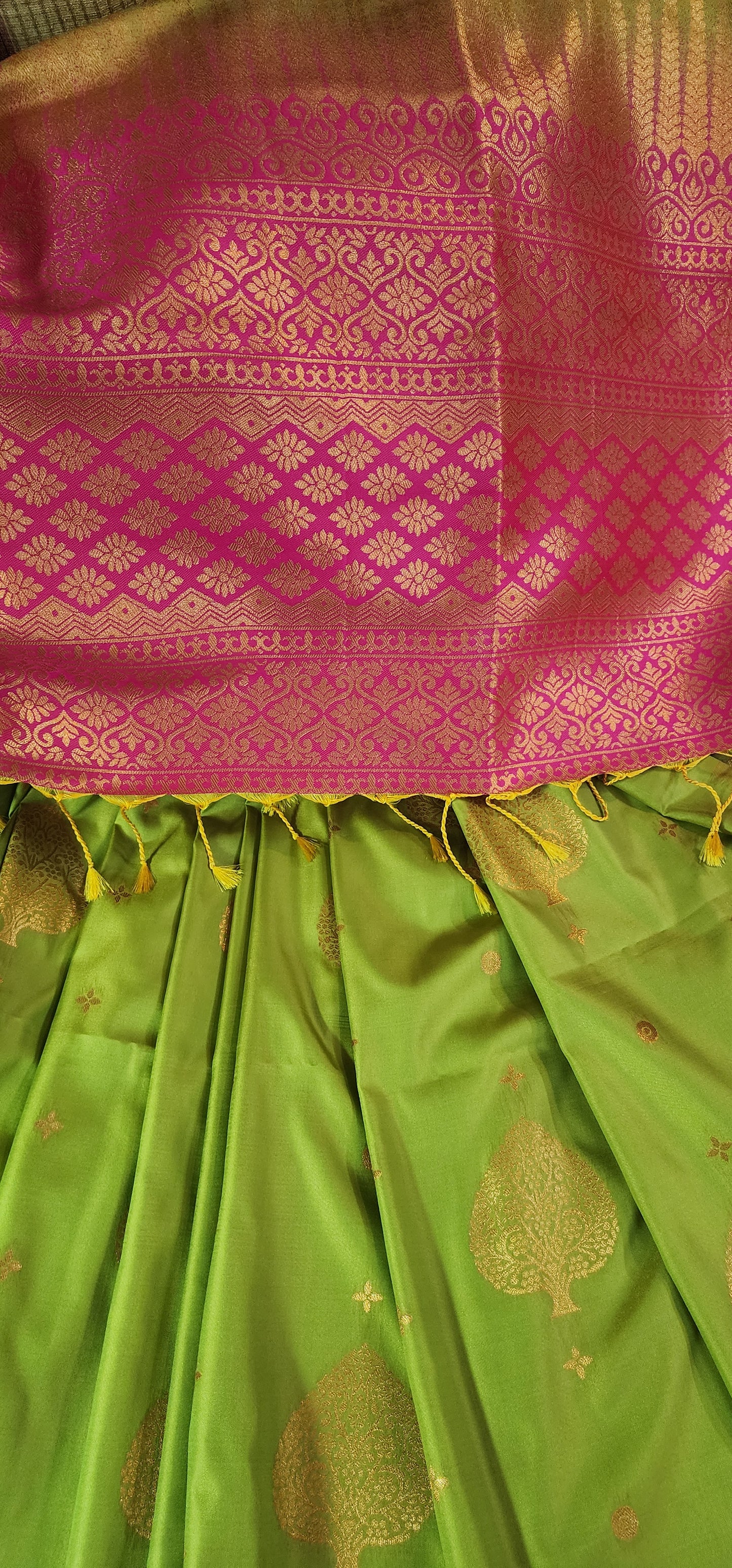 Green and pink semi silk saree